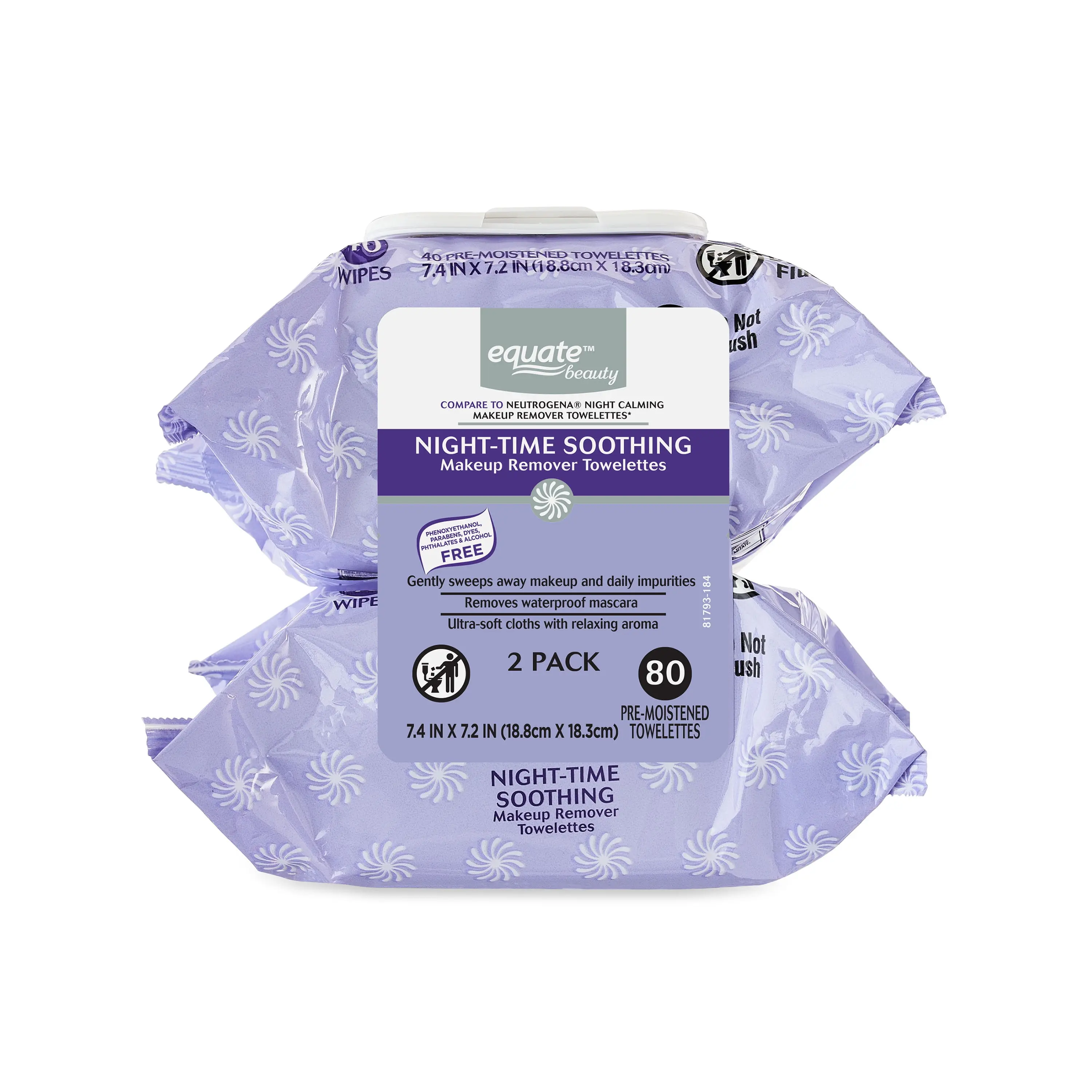 Equate Night-Time Soothing Makeup Remover Wipes for Face Care 80 Count Pre-Moistened Towelettes Ultra-Soft with Relaxing Aroma