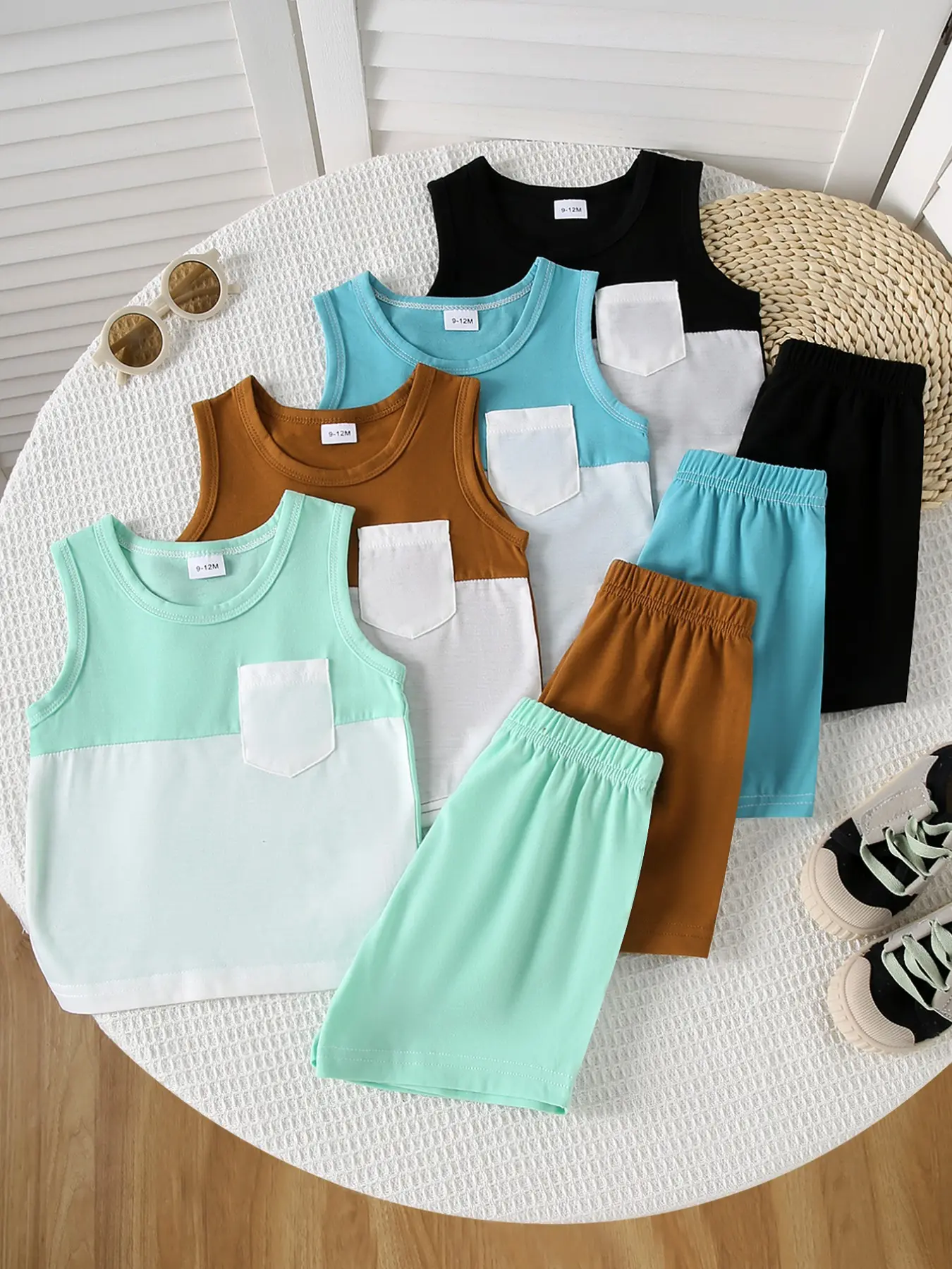 8-Piece Baby Boys Summer Colorblock Vest and Shorts Set, Casual Lightweight Quick-Dry Clothes Outfit Essentials Set Suitable for Beach and Playground