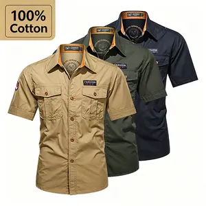 Men’s 100% washed pure cotton military short-sleeve shirt with patch badge, two pockets, wear-resistant fabric—casual workwear/outdoor shirt
