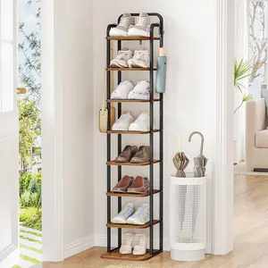 8 Tiers Vertical Shoe Rack, Narrow Shoe Tower, Tall Shoes Shelf with 2 Hooks, Adjustable Shelves, Corner Shoes Shelves for Small Spaces, Entryway, Living Room, Rustic Brown SR04301B