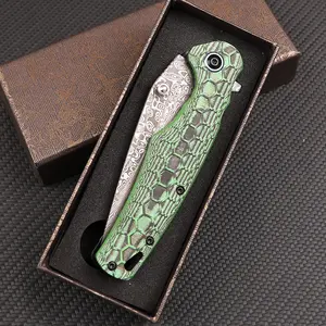 Damascus Steel Folding Pocket Knife, Green Non-Slip Textured Handle & Ultra Sharp Blade, Multi-Purpose EDC Knife for Kitchen Fruit Peeling, Camping, Parcel Unboxing & Daily Household Cutting