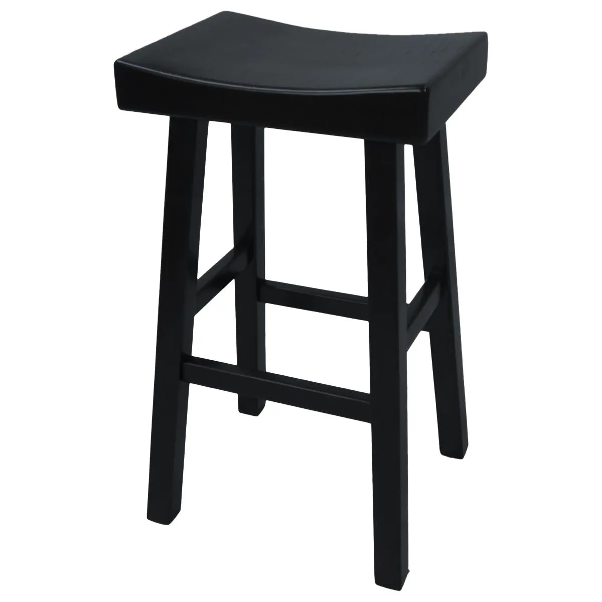 Carolina Cottage 30 in. Colborn Home Bar Stool - Antique Black Solid Wood Indoor Chair, Thick Saddle-Shaped Seat, Leg-Adjoining Stretchers, Classic Coastal Charm, Assembly Required, 17.25" W x 15" D x 30" H, Stretchers Adjoining Legs