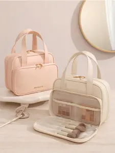 Handheld PU Makeup Bag, Travel Large Capacity Three-Compartment Makeup Organizer Toiletries Storage Bag, Durable & Stylish Design, Perfect Gift Idea, Handheld Cosmetic Pouch