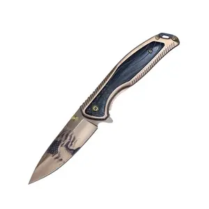 8" Copper Plated Eagle Graphic Blade Spring Assisted Pocket Knife  w/ Wood Inlay Handle