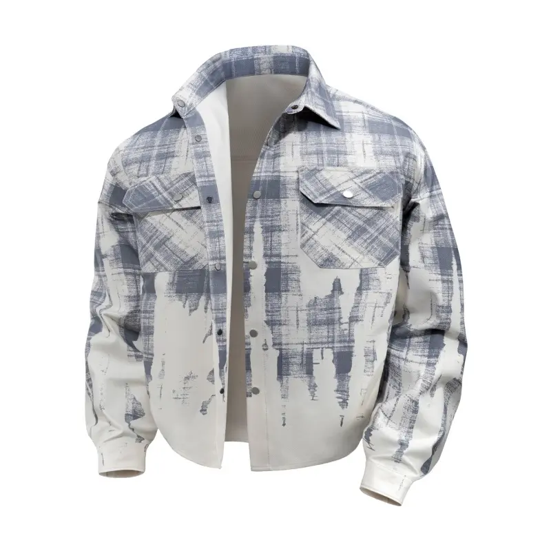 Men’s vintage distressed plaid short top, long-sleeved collared buttoned hem cropped shirt jacket, blue and white bleach-effect gradient loose oversized casual outerwear with chest pockets.