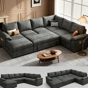 108 Inch Sectional Sleeper Sofa with Pull Out Bed, U Shaped 5/7 Seat Modular Sectional Sofa with Storage, Sectional Couches for Living Room, Cloud Modular Couch, Removable Sofa Cover Small Living Room Essential