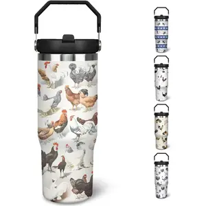 30 oz Chicken Tumbler With Handle and Straw, 30oz Rooster Flip Straw Tumbler Insulated Coffee Travel Mugs Cup Water Bottle Chicken Gifts for Elephant Lovers Women Girls