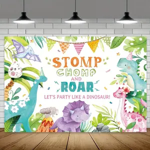 1PC,2D Flat Dinosaur Party Backdrop, Cute Cartoon Dinosaur Jungle Adventure Background Banner, Kids Birthday Party Decorations, Boy Girl Dino - themed Birthday Photo Booth Backdrop, Stomp Chomp Roa