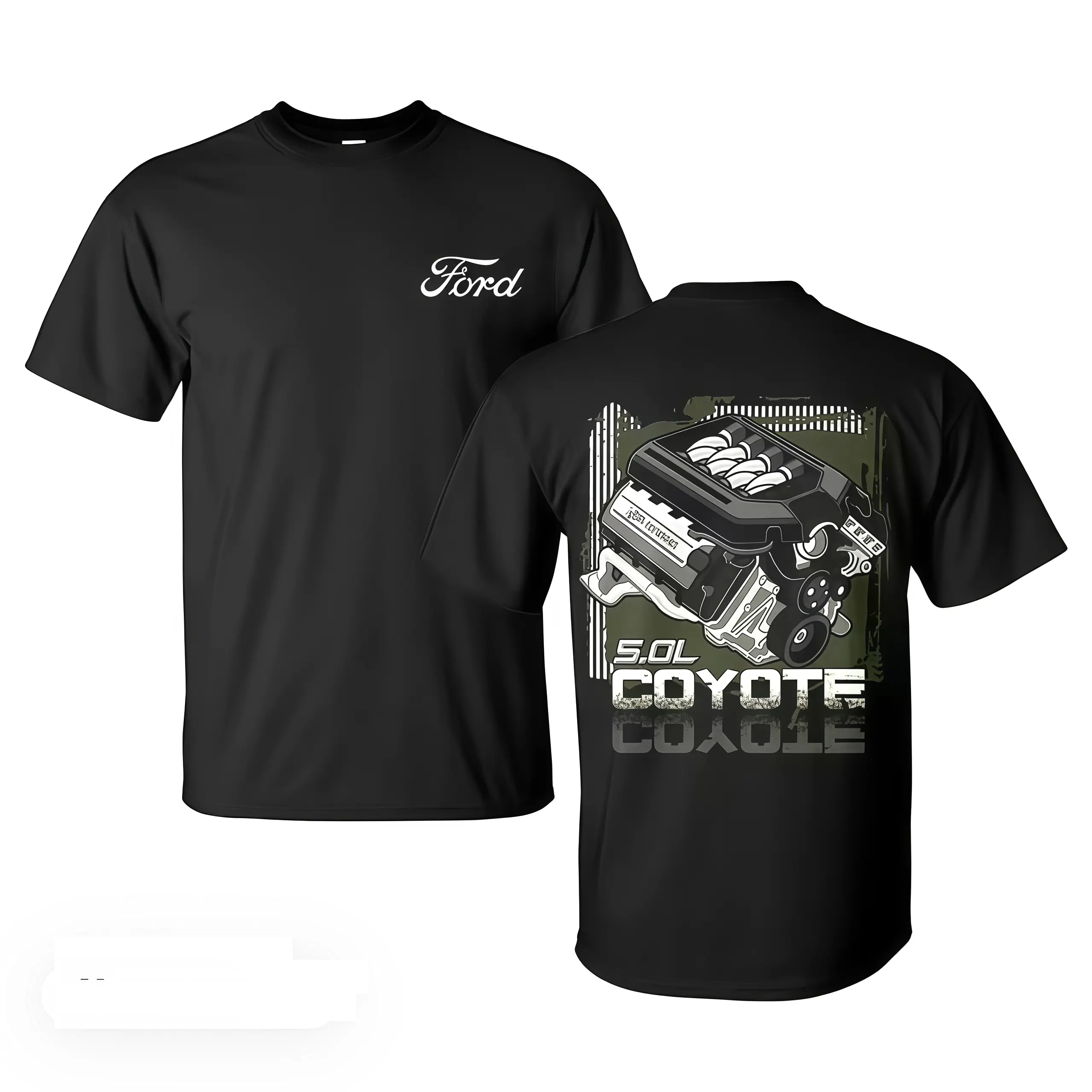 [Graphic Tee] 100% Cotton - Ford 5.0L Coyote Engine Graphic T-Shirt, High-Performance V8 Design with Front Script Logo, Muscle Car Inspired Tee for Mustang and Racing Enthusiasts, Shirt for men