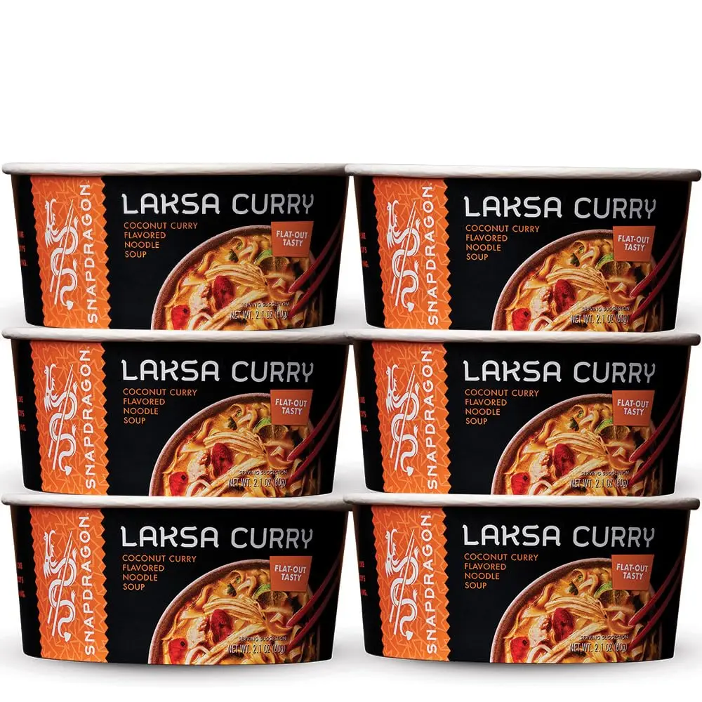 6 PACK 2.1 oz Snapdragon Laksa Curry Instant Noodle Bowls | Coconut Curry Flavor with Rice Noodles | Gluten-Free