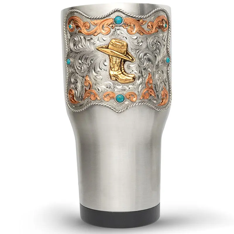 Cowgirl Western Tumbler - Handcrafted with Engraved Bronze Accents & Simulated Turquoise Stones, Stylish Western Kitchenware Drinkware