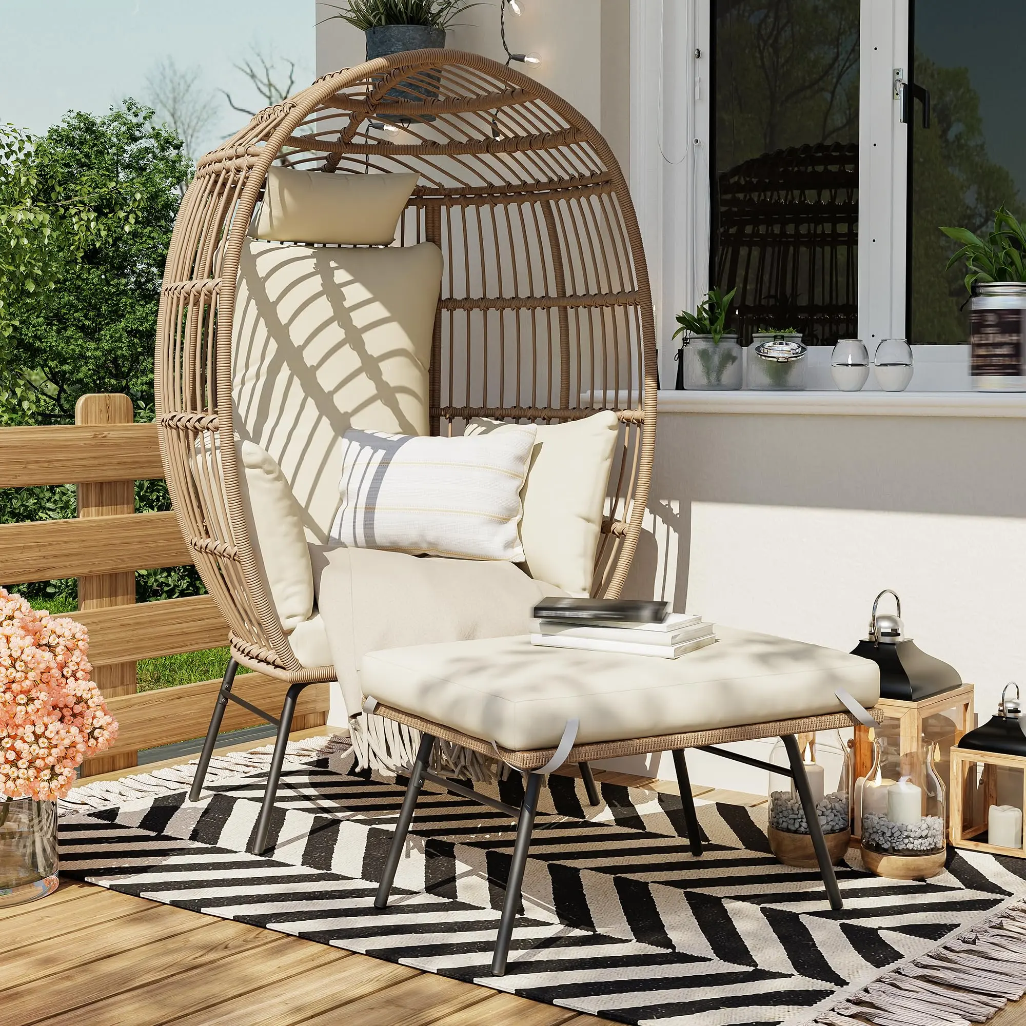 GAOMON Oversized Egg Outdoor Patio Furniture Chair with 4 Comfy Cushions, Rattan Frame Weatherproof Lounger with Ottoman, Supports 450lbs for Porch Backyard, Beige, Boho Weave