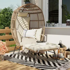 Big Egg Chair with 4 Comfy Cushions, Oversize Wicker Egg Shaped Lounger with Ottoman, Rattan Reading Chairs for Outdoor Patio Porch Backyard,Beige