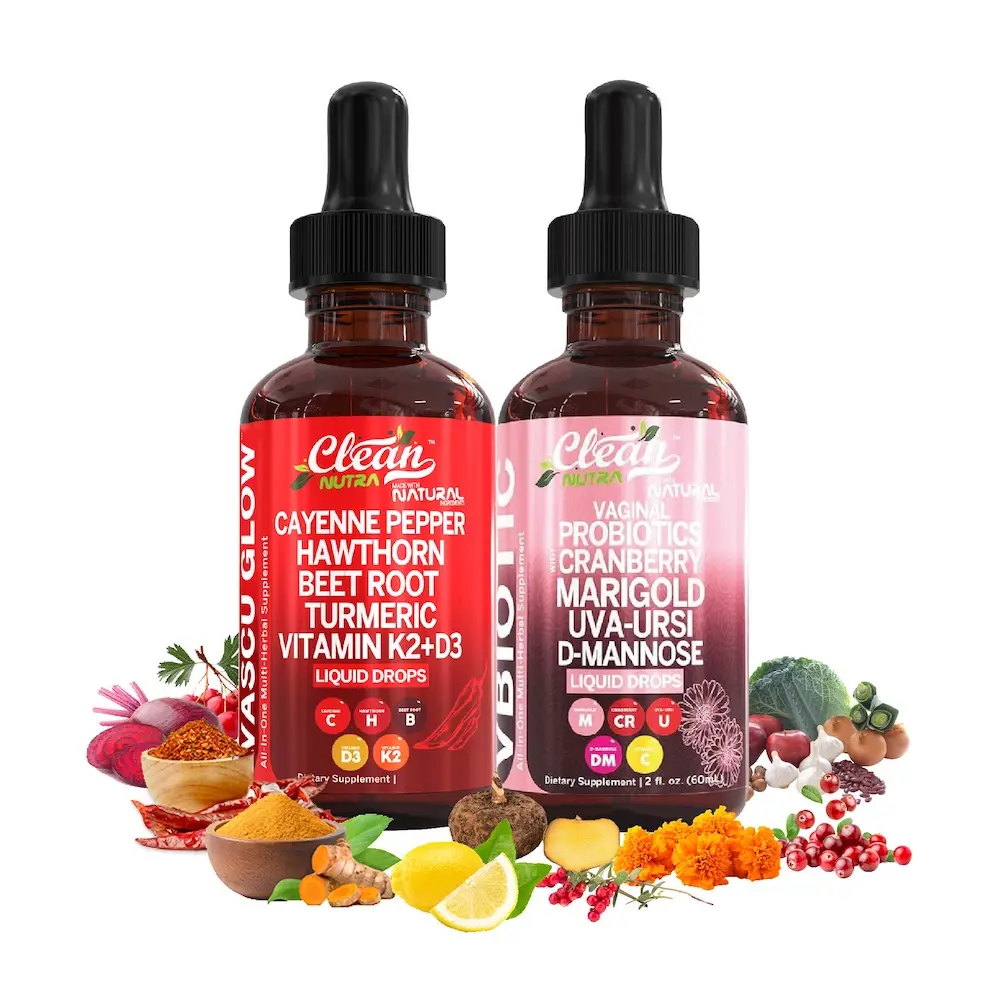 Clean Nutra Core & Feminine Wellness Duo | Cayenne Pepper, Hawthorn, Cranberry, Marigold & More for Heart, pH & Digestive Support Healthcare Supplement Liquid Drops [Vascu Glow & VBiotic]