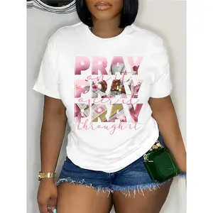 Plus Size Women's Casual T-Shirt with "Pray On It Pray Over It Pray Through It" Inspirational Quote & Floral Lettering - White Round Neck Short Sleeve Top for Spring Summer Fall, Ladies T Shirts, Everyday Comfort, Relaxed Fit Tee, Machine Washable Shirt
