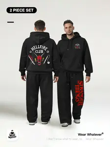 Stranger Things 「2-Piece Set」 Hellfire Club Loose Hoodie + Wide-Leg Sweatpants, Casual Breathable for Outdoor & Home Wear