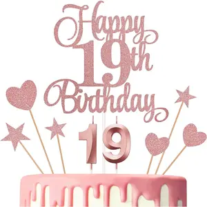 19th Birthday Cake Decorations, 19th Birthday Candles Cake Numeral Candles and Glitter Happy 19th Birthday Cake Toppers Set for Birthday Party Supplies (Rose Gold)