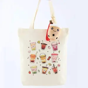 Bubble Tea Tote Set – 13"x14" Canvas Bag With Fun Boba Print, Plush Keychain, and Mystery Enamel Pin for Gifting or Daily Carry