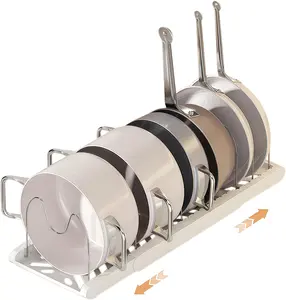 Expandable Pot and Pan Organizer Rack for Cabinet, Pot Lid Organizer Holder with 7 Stainless Steel Adjustable Dividers for Kitchen Cabinet Organizer and Storage White and Black