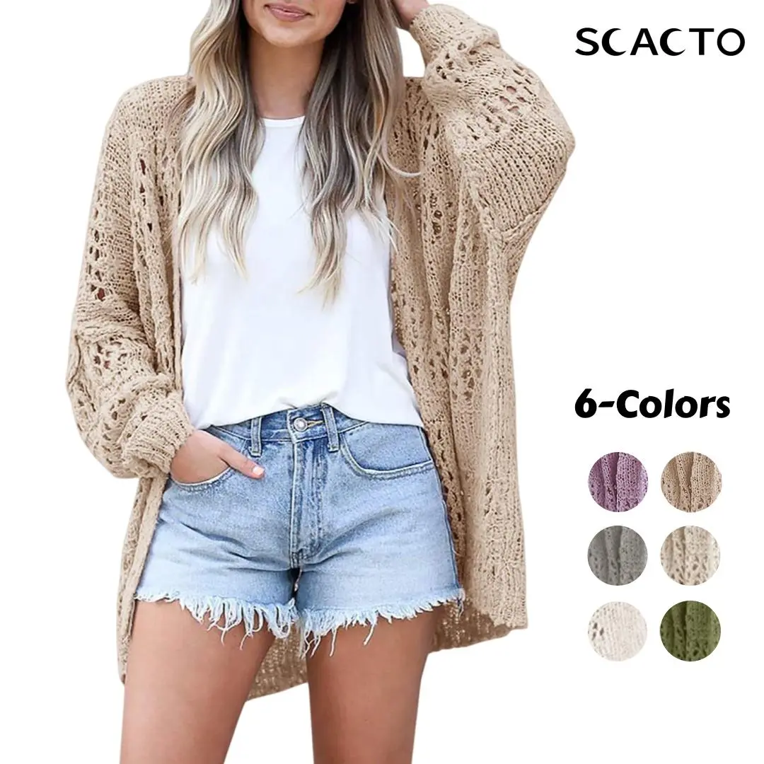 Scacto Women's Crochet Cardigan, Baggy Open Front V-Neck Sweater, Lightweight Knitted Fabric for Casual Work with Fringe Hem, Crochet Texture, Women's Fashion, Cardigans, Boho Clothes For Women, Aesthetic Women's Cardigans