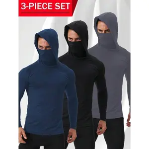 3 Piece Men's Sun Protection Hoodie With Mask - Lightweight, High-Stretch Compression Sweatshirt For Running And Fitness Athletic Workout Clothing Athletic Training Apparel workout tops