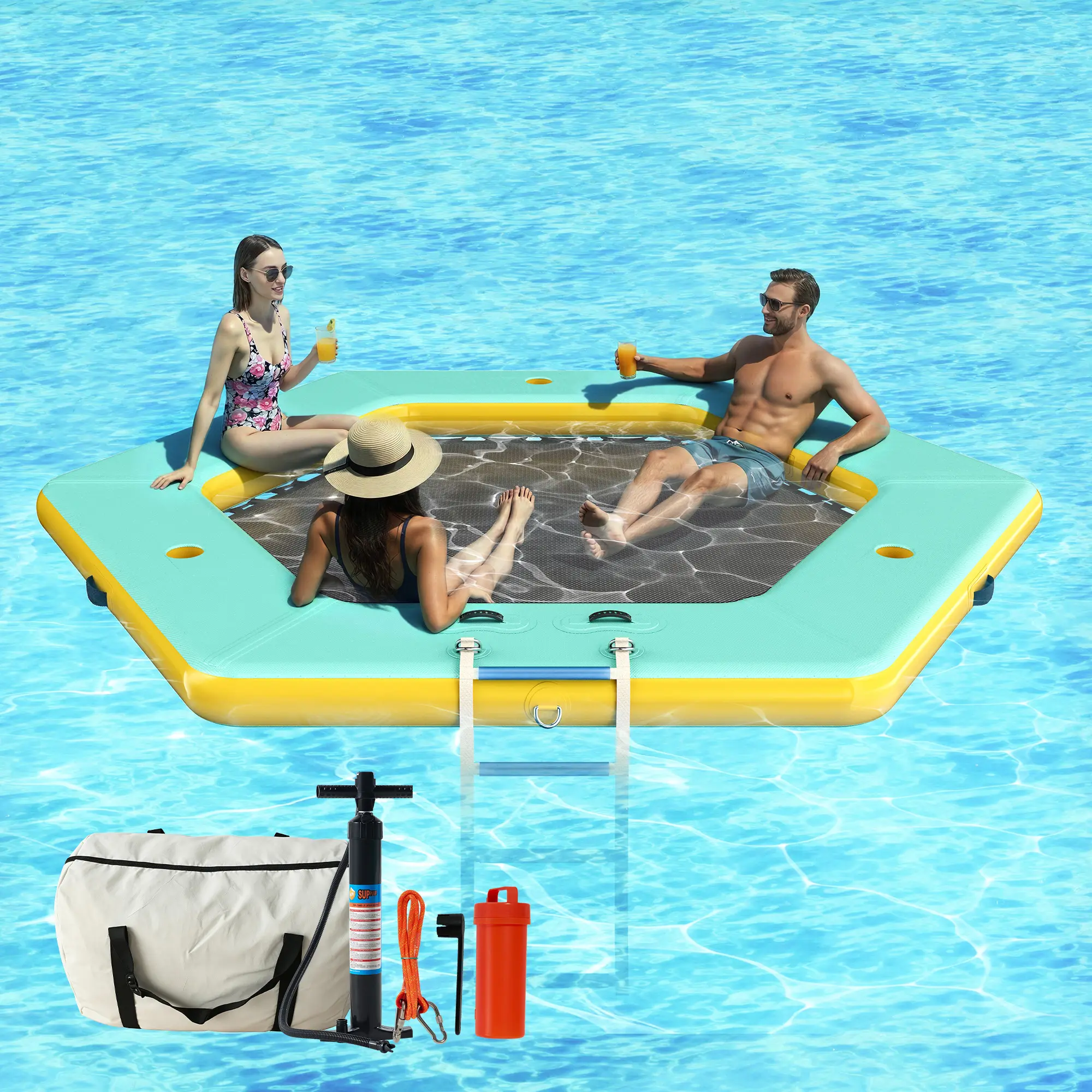Inflatable Pool Raft for Adults, 8-12FT Large Heavy-Duty PVC Layered Water Hammock with Mesh Bottom, Built-In Mesh Pocket, Quick Drainage & Reinforced Handles for Lake, Beach Parties, Beach Party, Roomy Space, Family Pool Parties