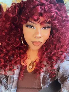 Long Curly Red Wig with Curly Bangs for Women & Girls, Synthetic Fluffy Wigs with Curly Bangs,  Glueless  Gorgeous Wigs Perfect for Beginners Daily Wear & Costume Parties.