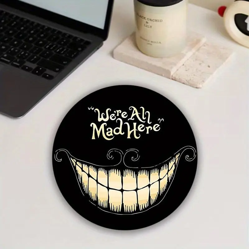 We're All Mad Here Letter Pattern Round Mouse Pad, 1 Count Non-slip Rubber Base Mouse Pad, Small Mousepad, Mouse Mat for Gaming PC Computer, Laptop & Office, Gaming Accessories, Gaming Mouse Pads