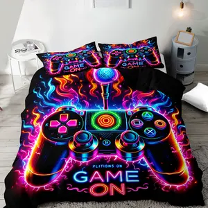 3pc Gaming-style Neon Game Controller Bedding Set, Comfy Bedding Set For Gamers, including 1 bedspread and 2 pillowcases, a gift for friends, suitable for single beds, double beds, multiple sizes, perfect for bedrooms, dormitories, hotel apartments