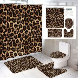 1/4pcs Leopard Print Bathroom Set Shower Curtain + 2 Bath Mats + Toilet Seat Cover, Beige Brown Black Spots Wild Theme Decor, Bathroom Decoration Accessories - Perfect for Animal Lovers, Ideal for Home Bathroom Upgrades, Unique Housewarming Gift