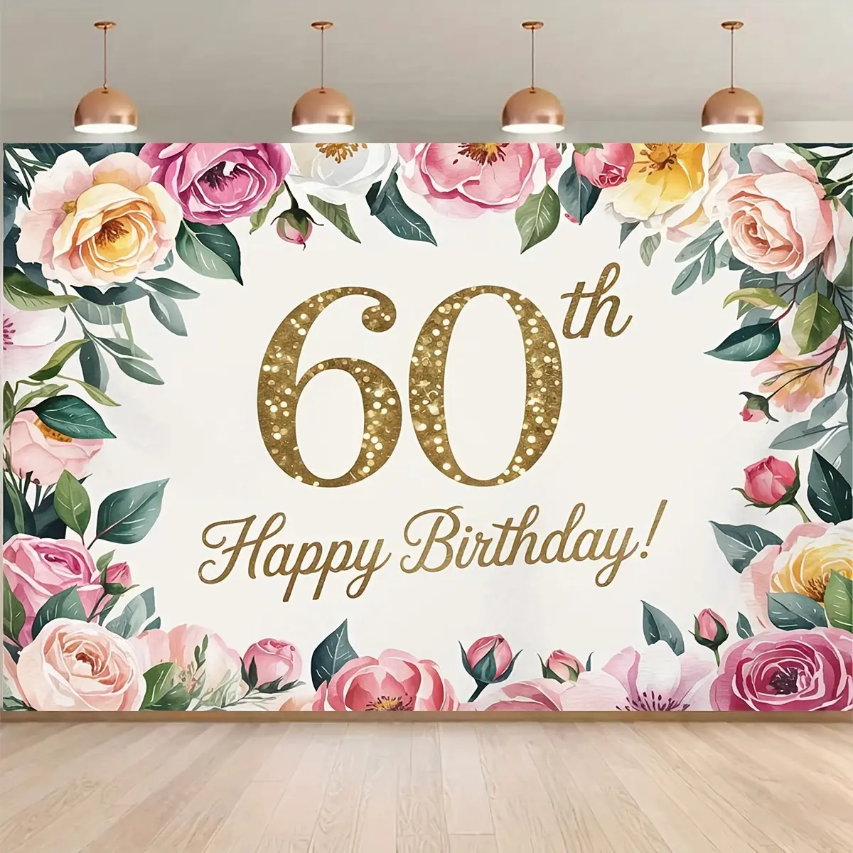 60th Birthday Backdrop Banner - Elegant Floral Design with Pink Roses, Golden Glitter "60" & Green Leaves, Durable Photo Booth Background for Indoor/Outdoor Parties, Anniversaries, Milestone Decor, Happy Birthday Banner Flower Ornaments