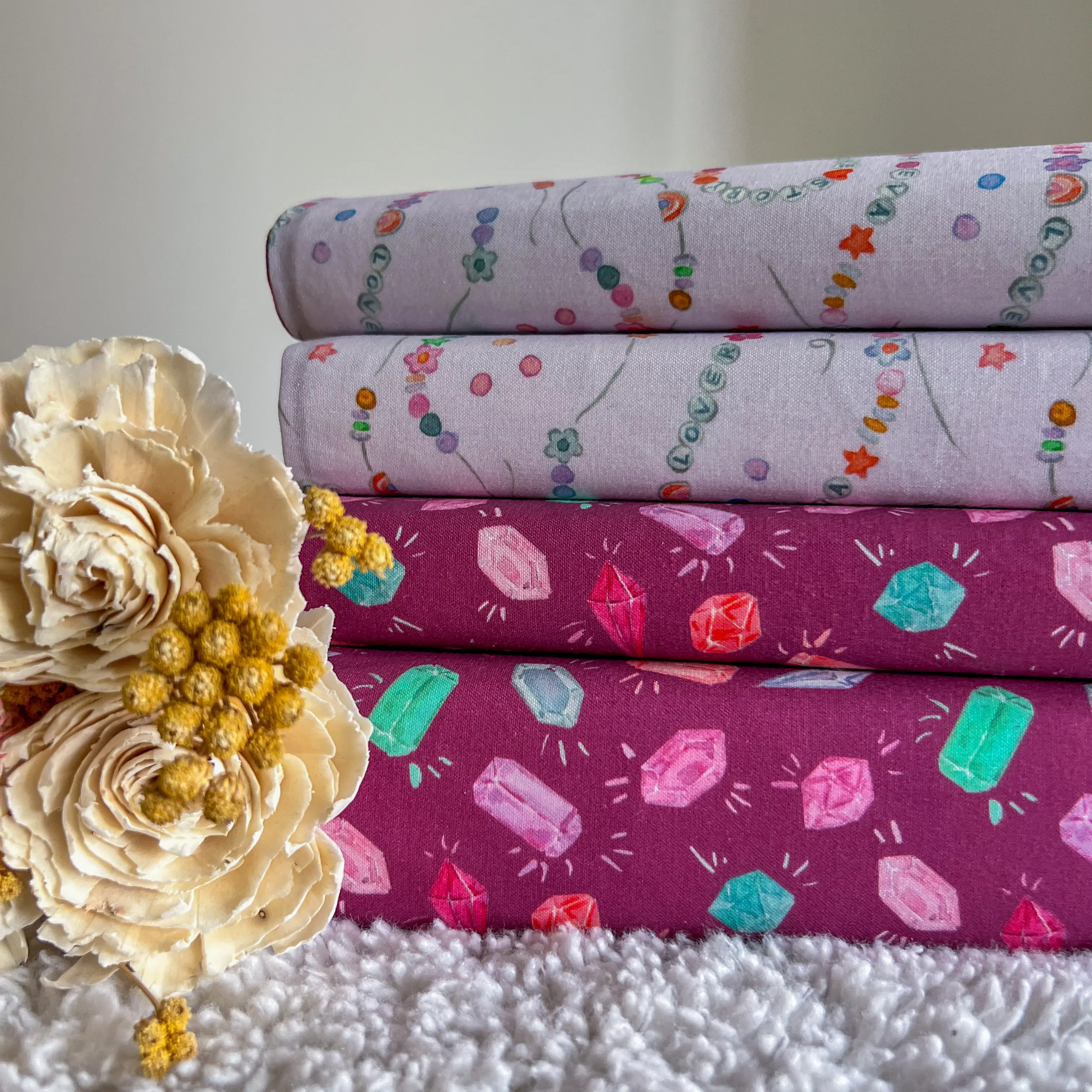 Reversible Fabric Book Cover | Friendship Bracelets & Gems | Two Sided Hardcover Jacket for Book Lovers