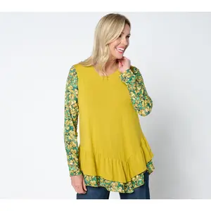 LOGO by Lori Goldstein Long Sleeve Scoop Neck Lace Mix Top LOGO by Lori Goldstein Long Sleeve Scoop Neck Lace Mix Top