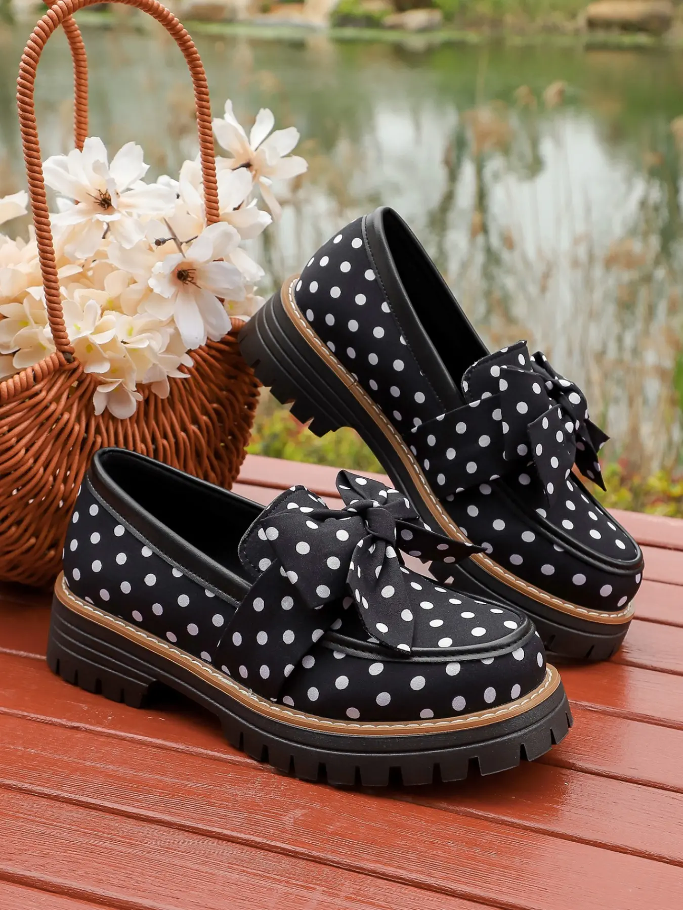 Vintage Polka Dot Loafers, Soft Peach Base with Playful Dots, Bow Detail, Thick Sole, Low Top Flats, Comfortable and Versatile, All-Season Casual Women Shoes, Elegant Casual Shoes