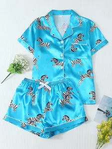 Women's Satin Zebra Print Sleepwear Set, Plaid Cherry Print, Sweet Lapel Short Sleeve Top with Pocket, Bow Shorts, Casual Homeewear, Loungewear, Pajama, Pjs