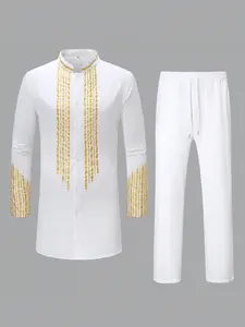 Men's African Kaftan Set, Long Sleeve Embroidered Luxury Elegant Suit, Party Wedding Holiday Muslim Men, 2 Piece Set