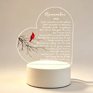Cardinal Memorial Heart-Shaped Acrylic LED Night Light with Remember Me Poem - Sympathy Bereavement Gift for Loss of a Loved One (Funeral, Memorial Day Use)