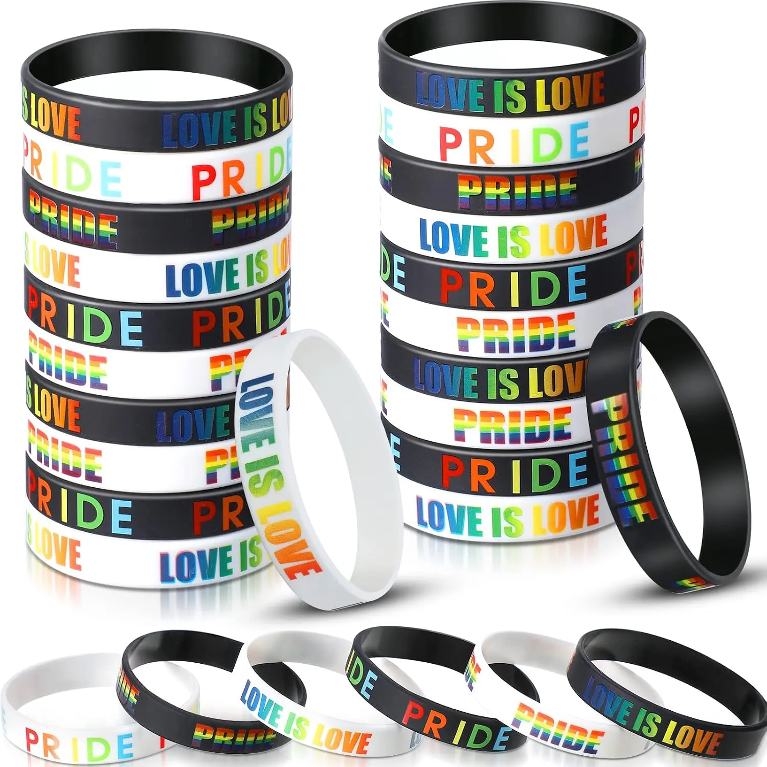 30 Pcs Modern Rainbow Color Silicone Pride Matching Sets Bracelets, Flexible-Fit Unisex LGBT Support Wristbands for Events, Parades, Party Accessories & Gifts with Text Patterns