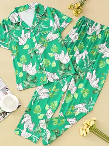 Women's Sleepwear Set, Loungewear, Koala Animal Print, Elegant Casual, Comfortable Lapel Short Sleeve Top & Wide Leg Pants, Holiday Party Wear