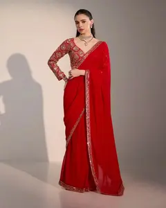 Red Georgette Saree with Zari Embroidery