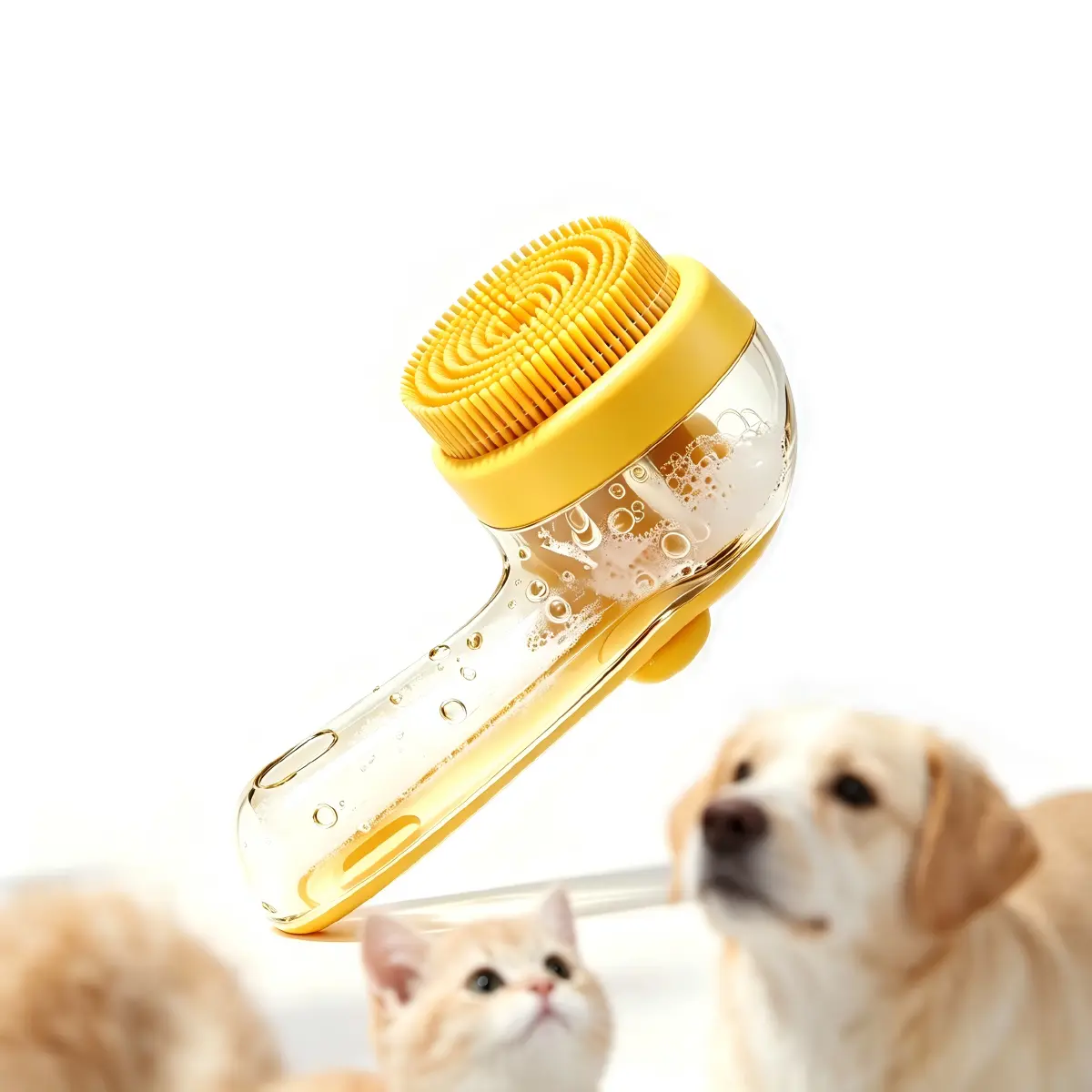 Silicone Long-Handle Dog & Cat Bath Brush - Press-Dispense Shampoo, Hair-Safe, Deshedding Massage Manual Grooming Supplies for Full-Body Pet Care