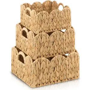 3 Pack Scalloped Basket Hand Woven Wicker Baskets Rattan Baskets with Handles for Organizing and