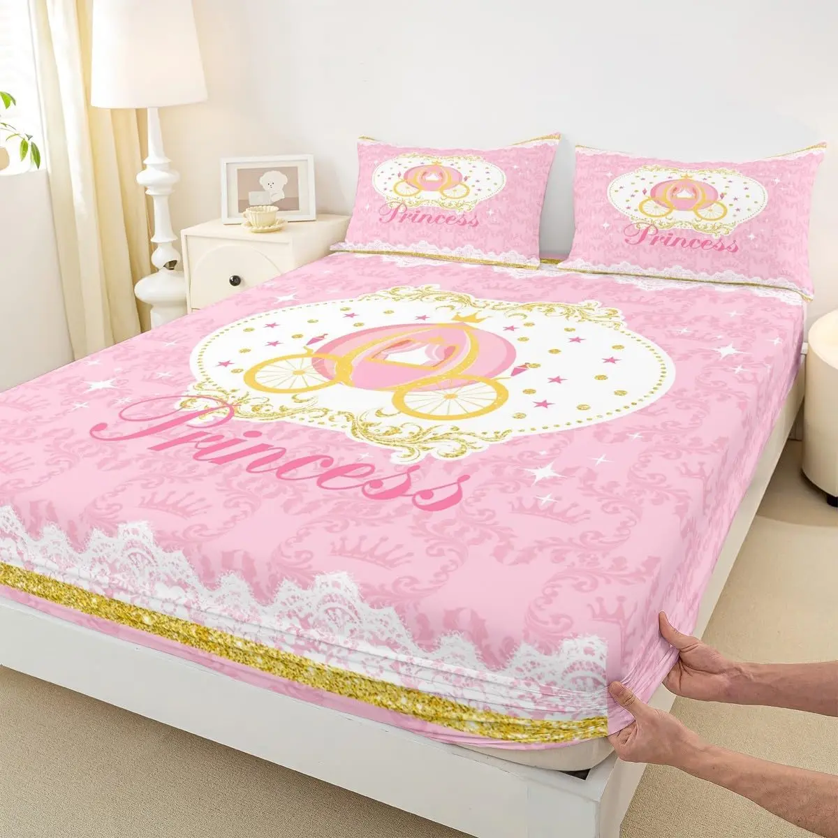 Feelyou Pink Princess Theme Soft Microfiber Bedding Set - Carriage & Cute Cartoon Design, Fitted Sheet, Soft Breathable Bed Cover, Soft Breathable Bedding