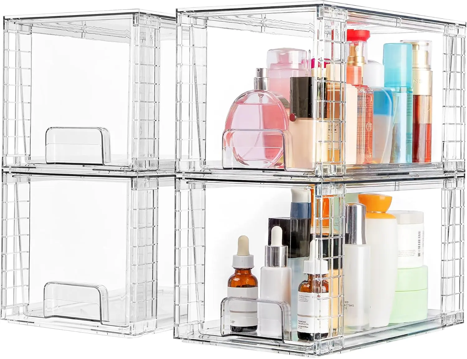 4 Pack Large Stackable Storage Drawers, Easily Assemble Acrylic Bathroom Closet undersink Organizers and Storage, Plastic Bins for Kitchen Cabinets, Pantry, Makeup, Medicine Organization