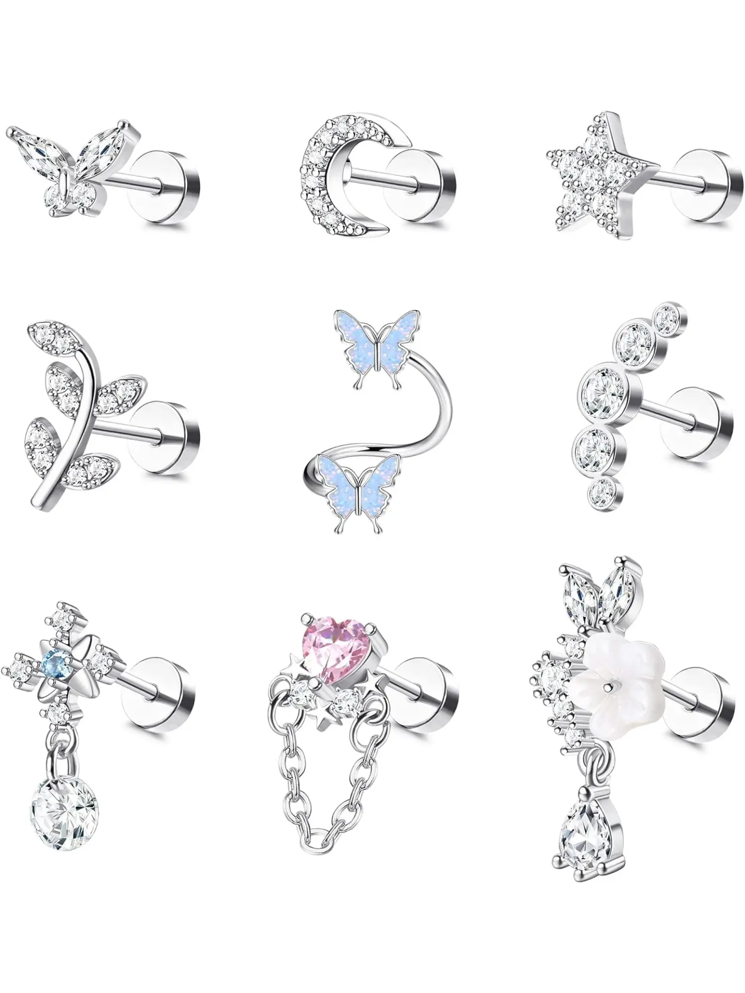 9Pcs Stainless Steel Cartilage Earrings Helix Earrings for Women Girls16 Gauge Helix Piercing Jewelry Leaf Butterfly CZ Studs Flat Back Cartilage Earrings Set Flatback Stud Earrings Earrings With Flat Backs