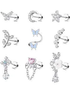 9Pcs Stainless Steel Cartilage Earrings Helix Earrings for Women Girls16 Gauge Helix Piercing Jewelry Leaf Butterfly CZ Studs Flat Back Cartilage Earrings Set Flatback Stud Earrings