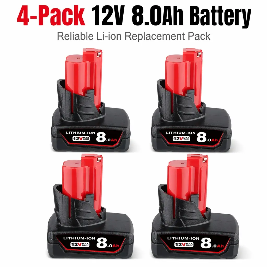 4-Pack Milwaukee M12 12V MAX Battery 8.0Ah Replacement for M12B6, Compatible with Milwaukee 48-11-2440 Cordless Drill Impact Driver