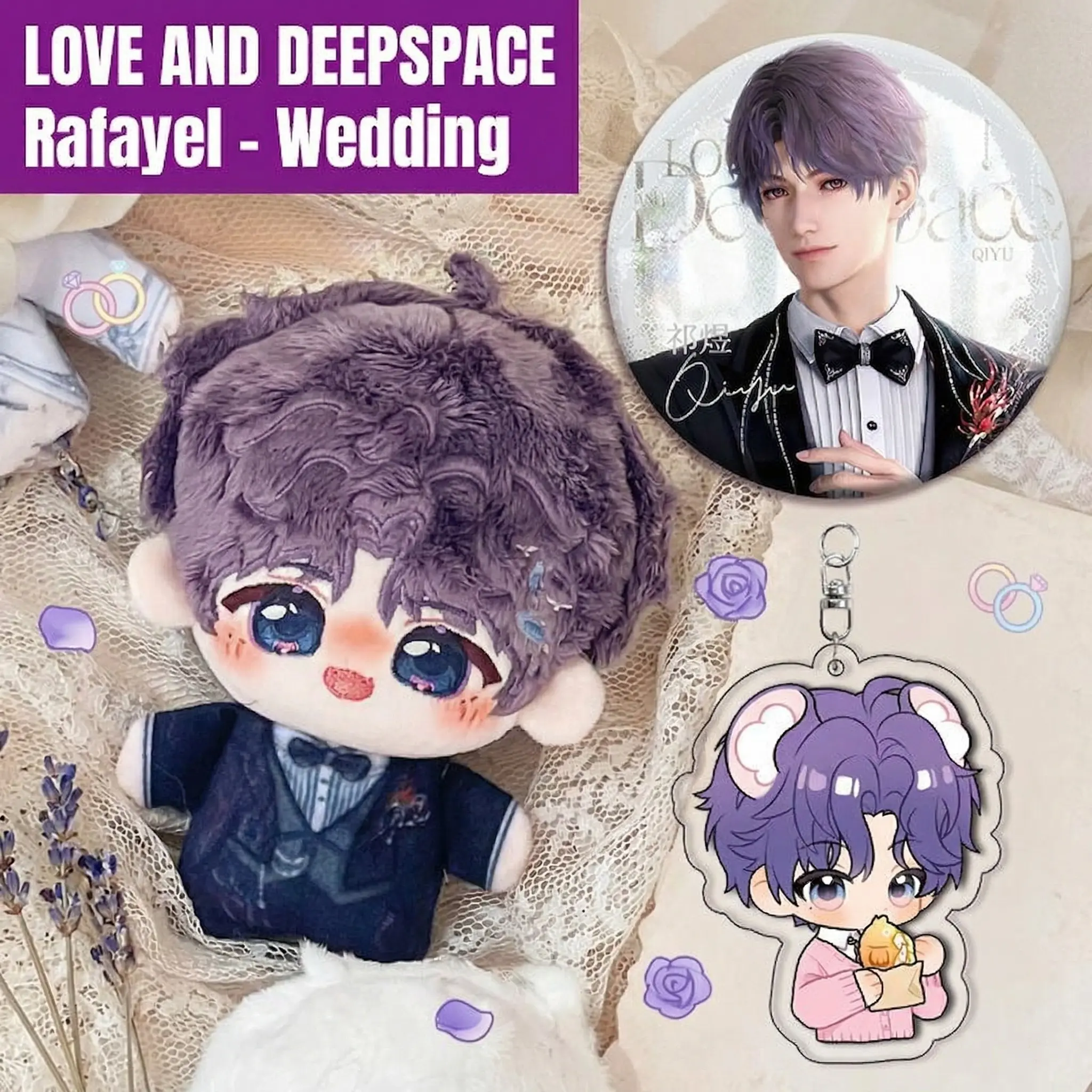 3pcs, Love and Deepspace Anime Plush Doll + Badge + Keychain, Fluffy Keychain, Collectible Stuffed Character Figure, Soft Toy - Keychain Bag Car Charm, Cute Keychains For Car Keys, Home Decor, Cute Keychain Accessory, Birthday Christmas Party Gift