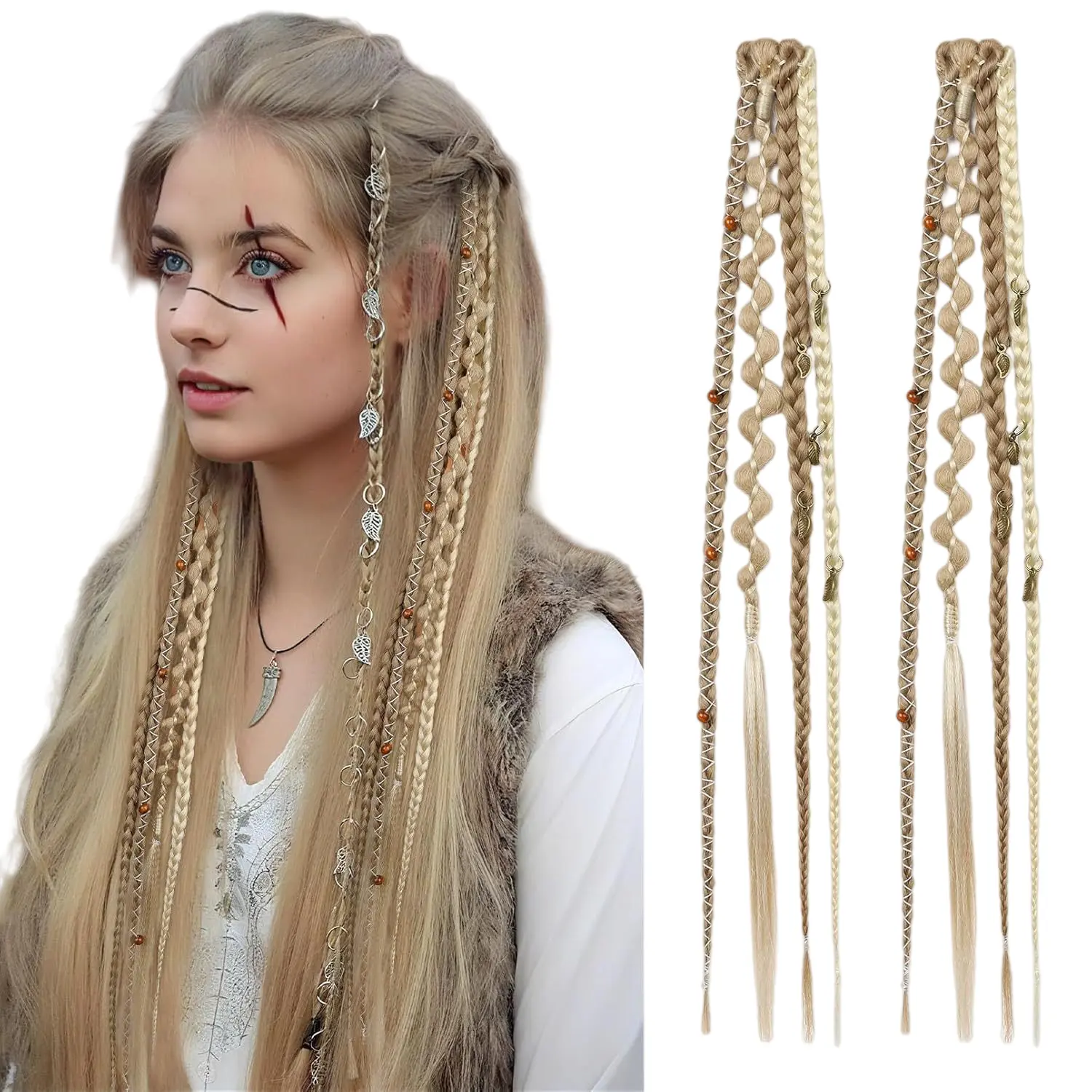 2-Pack Clip-in Hair Extensions, 16/20 Inch Bohemian Synthetic Dreadlocks with Beads and Chains, Viking Style Braids for Festivals and Cosplay, Chemical Fiber