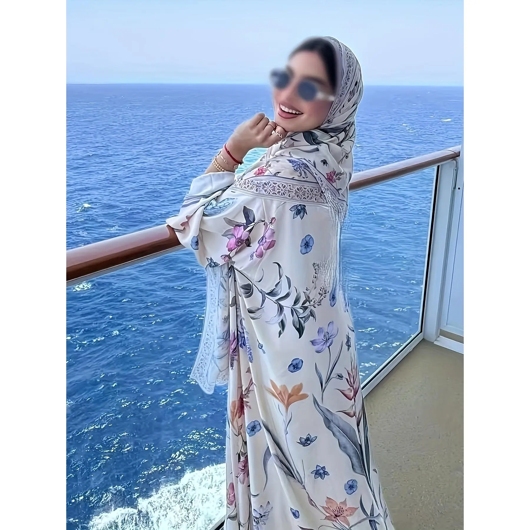 An Elegant Muslim Dress Featuring Intricate Floral Patterns Paired with a Matching Khimar Hijab. This Stylish Vacation Outfit Is Made from a Single Layer of Nida Fabric, Offering a Solid Color That Is Easy, Light, Breathable